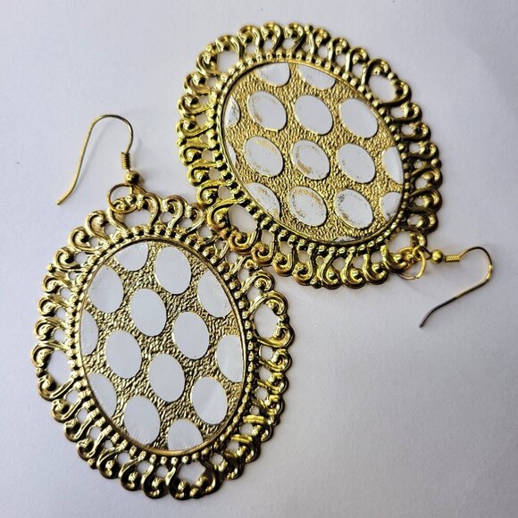 Gold and White Oval Earrings Gold Filigree Oval Earrings Large Glitter Earrings - Picture 1 of 5